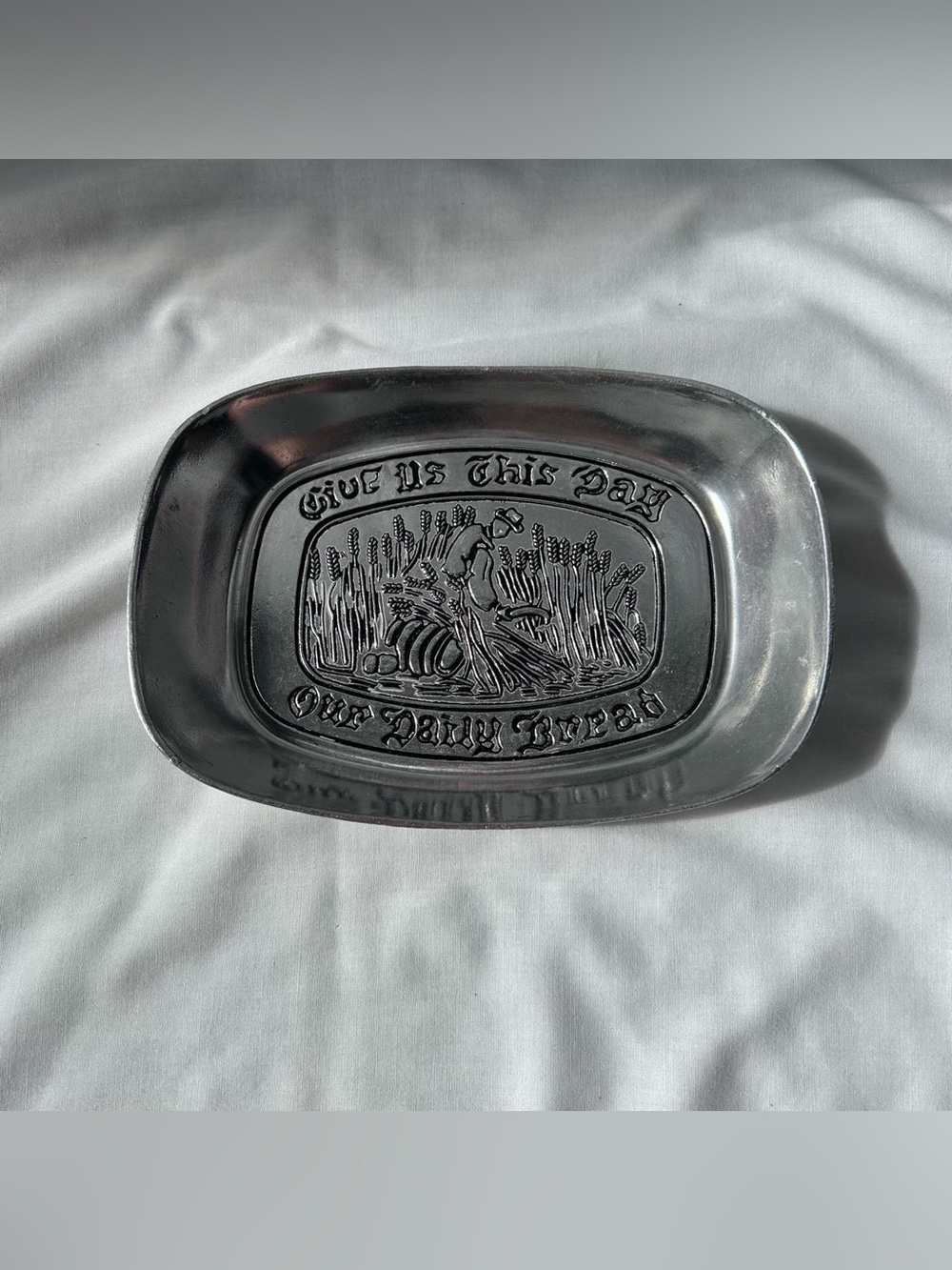 Vtg Silver Tone “Give Us This Day Our Daily Bread” Metal Bread Tray